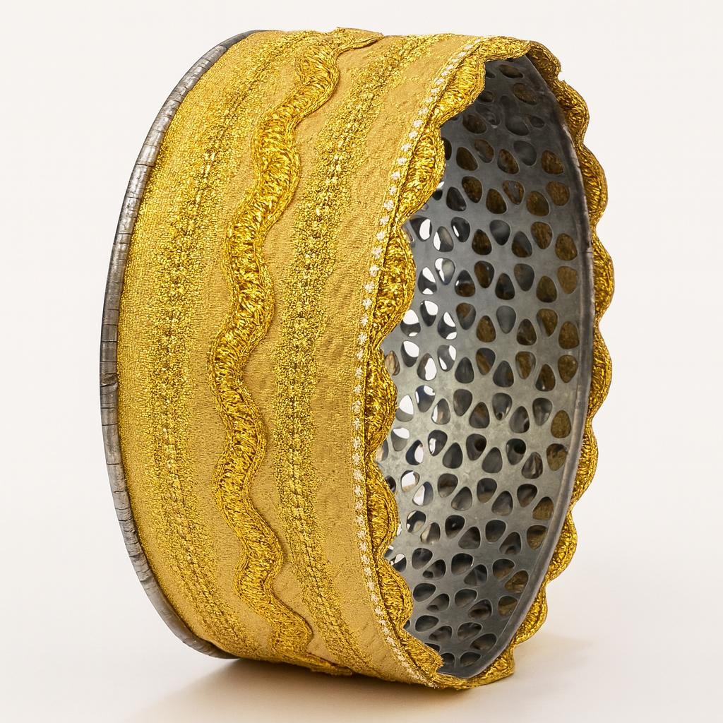 Decorative ribbon with gold and silver patterns on a white background